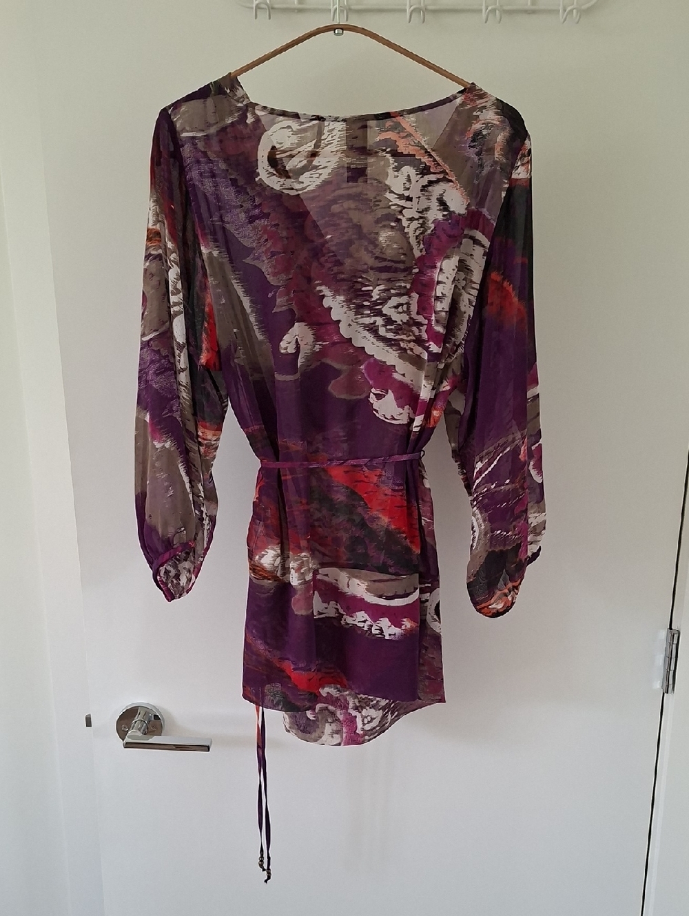 Olsen Purple & Orange Sheer Cowl-neck Balloon-sleeve Tie-waist Tunic (Size M) - Picture 7 of 7
